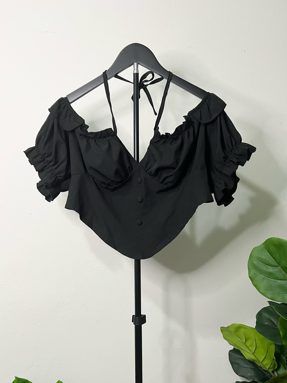 Black Ruffled Off-Shoulder Crop Top